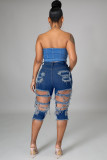 High-rise temperament commuter ripped washed jeans A3267