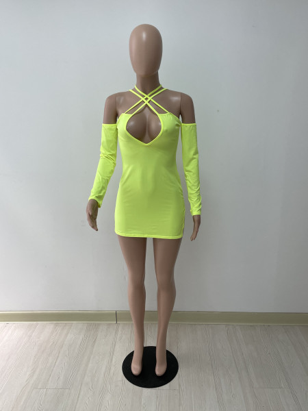 Deep V halterneck double side high slit ultra short mini dress DY1073