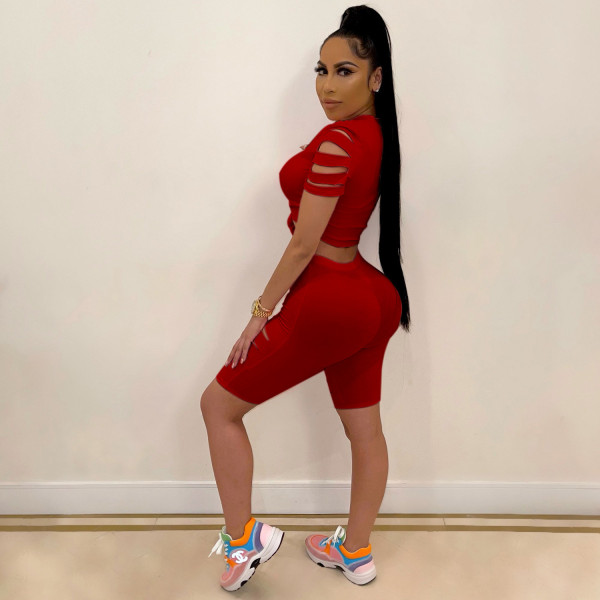 Two-piece sexy casual sports suit with solid color burnt holes and navel exposed A3277