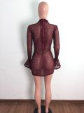 Mesh see-through drawstring pleated flared sleeve casual sexy dress A3279