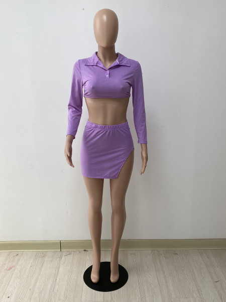 Solid color nude back drawstring T-shirt two-piece short skirt with side slits DY1079