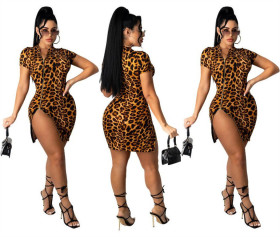 Leopard print sexy fashion mini dress with zipper opening A3276