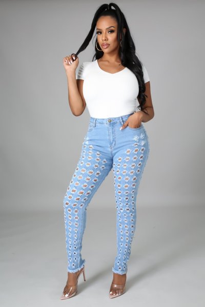 Sexy stretch jeans with ripped holes and washed water A3270