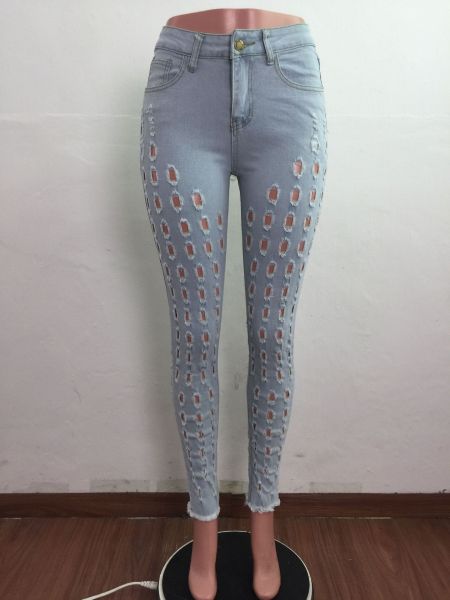 Sexy stretch jeans with ripped holes and washed water A3270