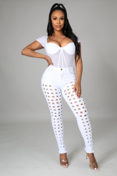 Sexy stretch jeans with ripped holes and washed water A3270