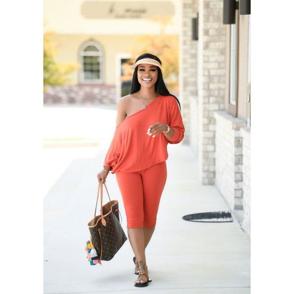 Slant shoulder loose large size women's two-piece fashion casual suit DY1008