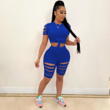 Two-piece sexy casual sports suit with solid color burnt holes and navel exposed A3277