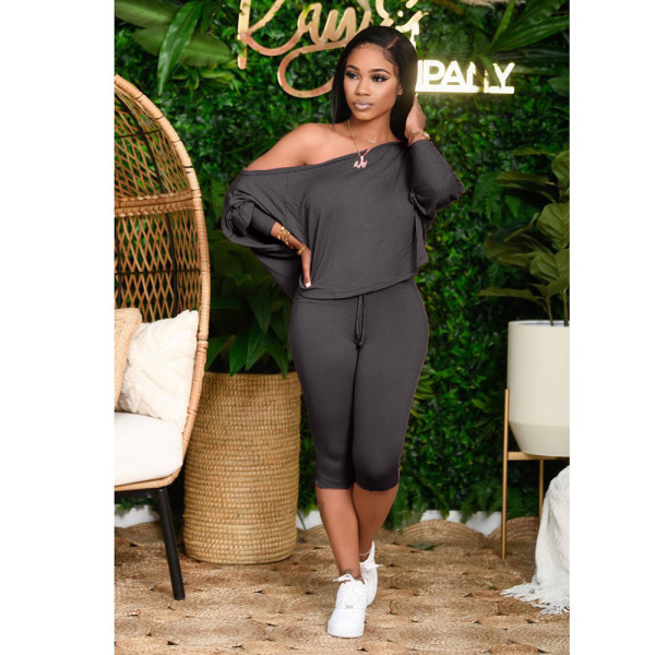 Slant shoulder loose large size women's two-piece fashion casual suit DY1008