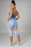 High-rise temperament commuter ripped washed jeans A3267