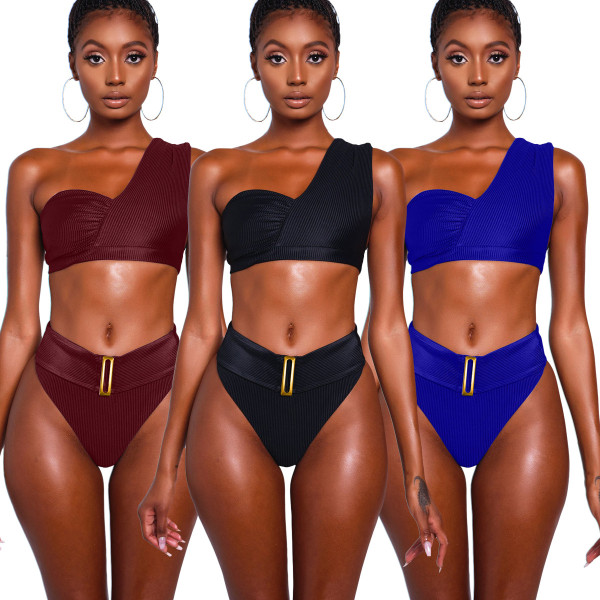 Solid color women's ribbed high waist bikini bottoms with belt DY1066