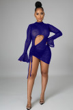 Mesh see-through drawstring pleated flared sleeve casual sexy dress A3279