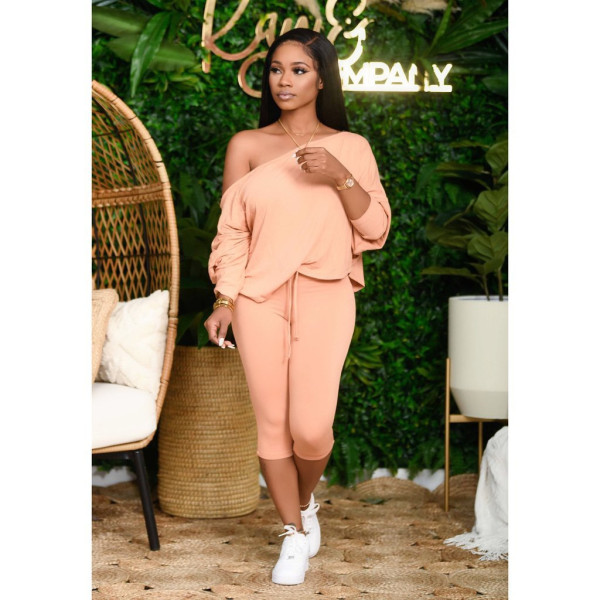 Slant shoulder loose large size women's two-piece fashion casual suit DY1008