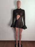Mesh see-through drawstring pleated flared sleeve casual sexy dress A3279