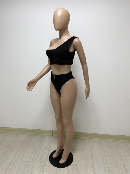Solid color women's ribbed high waist bikini bottoms with belt DY1066