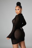 Mesh see-through drawstring pleated flared sleeve casual sexy dress A3279