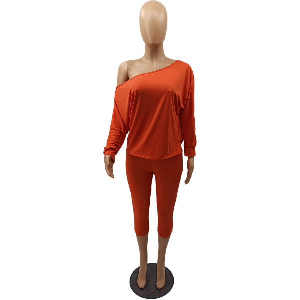 Slant shoulder loose large size women's two-piece fashion casual suit DY1008