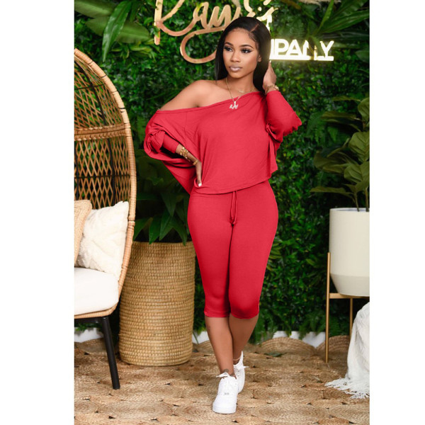 Slant shoulder loose large size women's two-piece fashion casual suit DY1008