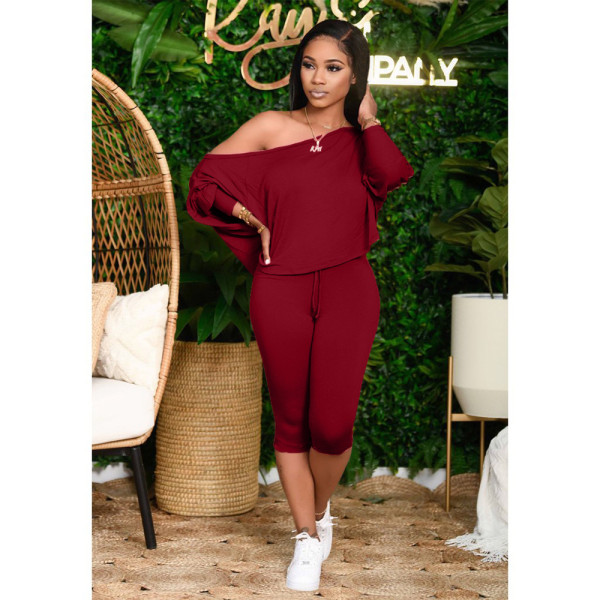 Slant shoulder loose large size women's two-piece fashion casual suit DY1008