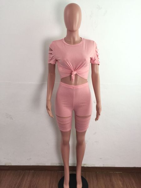 Two-piece sexy casual sports suit with solid color burnt holes and navel exposed A3277