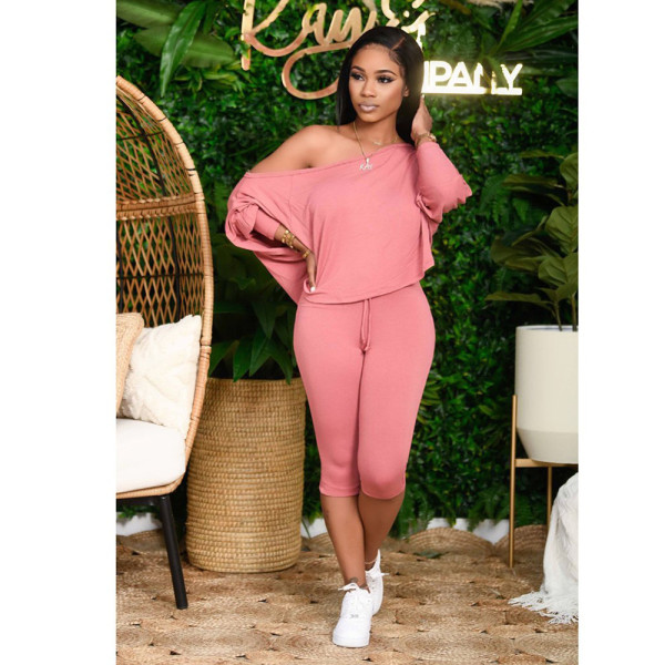 Slant shoulder loose large size women's two-piece fashion casual suit DY1008