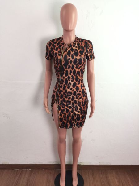 Leopard print sexy fashion mini dress with zipper opening A3276