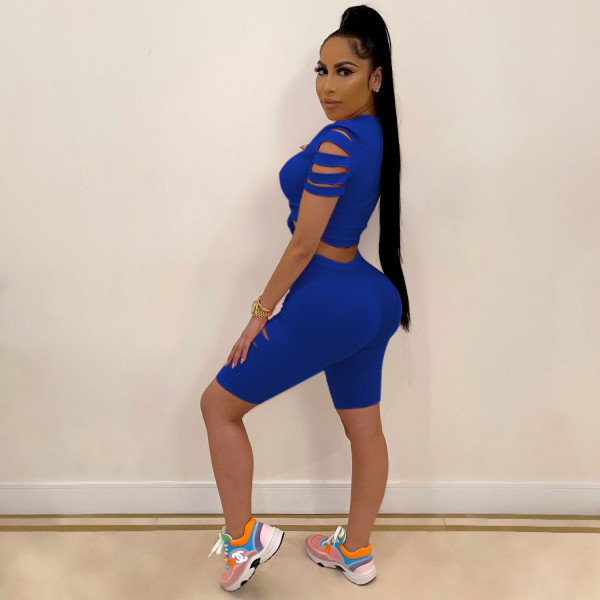 Two-piece sexy casual sports suit with solid color burnt holes and navel exposed A3277