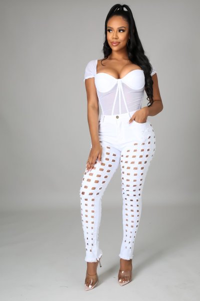 Sexy stretch jeans with ripped holes and washed water A3270