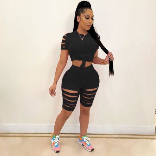 Two-piece sexy casual sports suit with solid color burnt holes and navel exposed A3277
