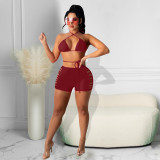 Simple and fashionable pure color halter neck double-sided burnt flowers tied rope bikini two-piece set DY1082