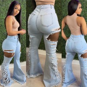 Distressed high-rise denim flared pants with ripped sides A3268