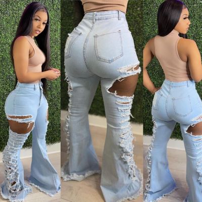 Distressed high-rise denim flared pants with ripped sides A3268