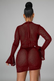 Mesh see-through drawstring pleated flared sleeve casual sexy dress A3279