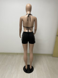 Simple and fashionable pure color halter neck double-sided burnt flowers tied rope bikini two-piece set DY1082