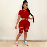 Two-piece sexy casual sports suit with solid color burnt holes and navel exposed A3277