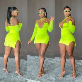 Deep V halterneck double side high slit ultra short mini dress DY1073