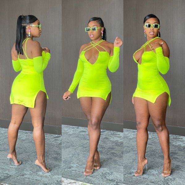 Deep V halterneck double side high slit ultra short mini dress DY1073