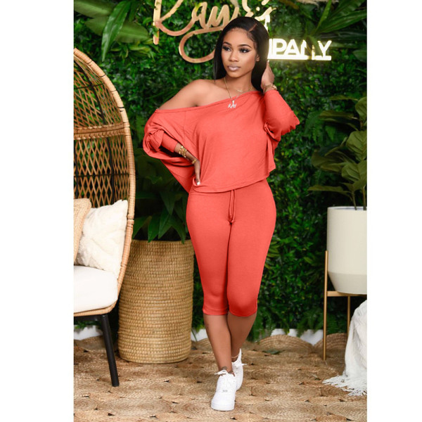 Slant shoulder loose large size women's two-piece fashion casual suit DY1008