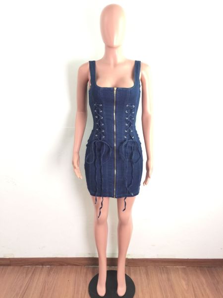 Denim mid-waist corn-eye strap sexy dress A3269