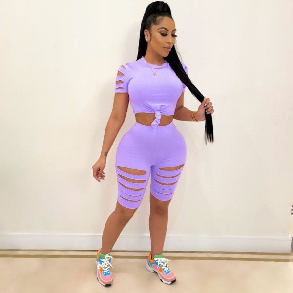 Two-piece sexy casual sports suit with solid color burnt holes and navel exposed A3277