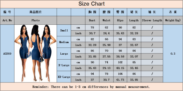 Denim mid-waist corn-eye strap sexy dress A3269