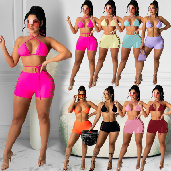 Simple and fashionable pure color halter neck double-sided burnt flowers tied rope bikini two-piece set DY1082