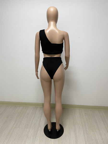 Solid color women's ribbed high waist bikini bottoms with belt DY1066