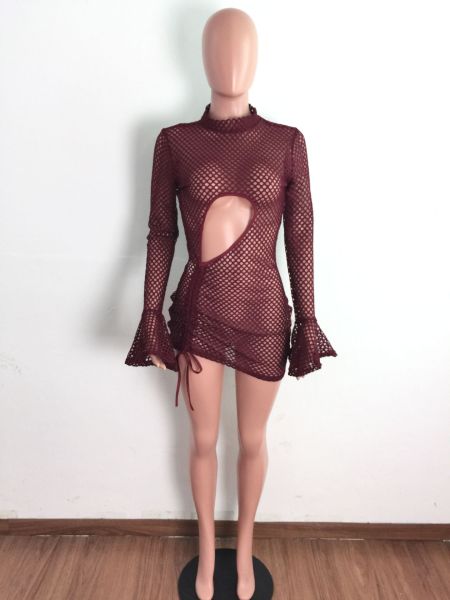 Mesh see-through drawstring pleated flared sleeve casual sexy dress A3279