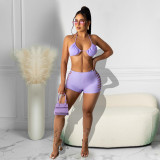 Simple and fashionable pure color halter neck double-sided burnt flowers tied rope bikini two-piece set DY1082