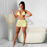 Simple and fashionable pure color halter neck double-sided burnt flowers tied rope bikini two-piece set DY1082