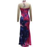 Fashion tie-dye printed halterneck dress SMR10286