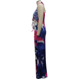 Fashion tie-dye printed halterneck dress SMR10286