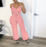 Solid color V-body wide-leg collar rompers M6560