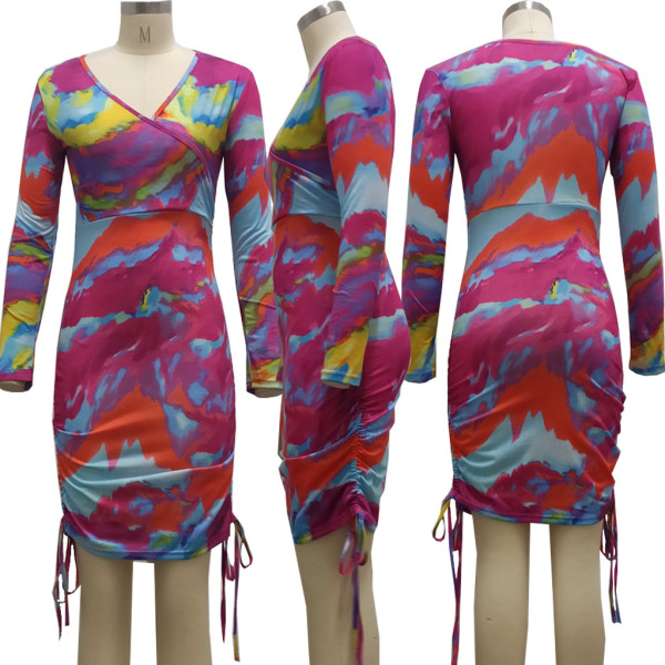 Sexy fashion tie-dye printed V-neck women's dress SMR10313
