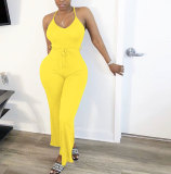 Solid color V-body wide-leg collar rompers M6560